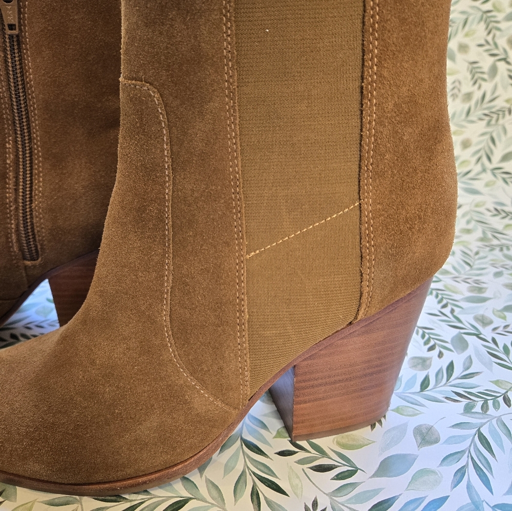 Soludos Emma Chesnut Suede Ankle Booties Tan Leather Block Heel Boots 9 - Picture 6 of 12